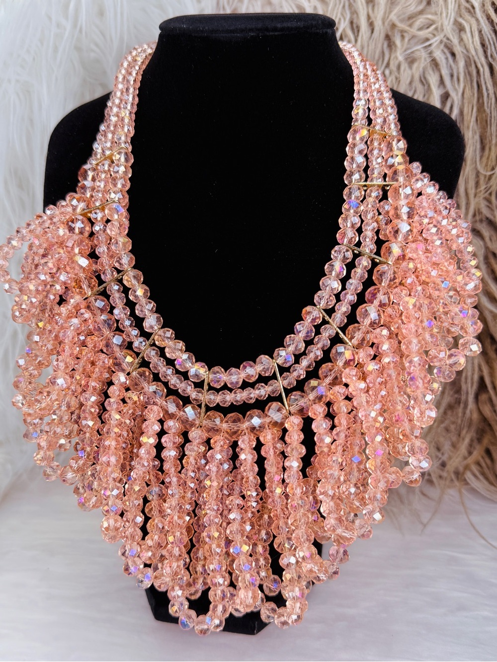 Natasha Peach Pink Faceted Bead Fringe Waterfall Bib Statement Necklace